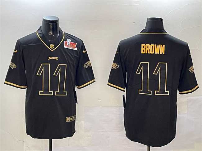 Men%27s Philadelphia Eagles #11 A. J. Brown Black Gold 2025 Super Bowl LIX Patch Salute To Service Vapor Untouchable Limited Stitched Jersey